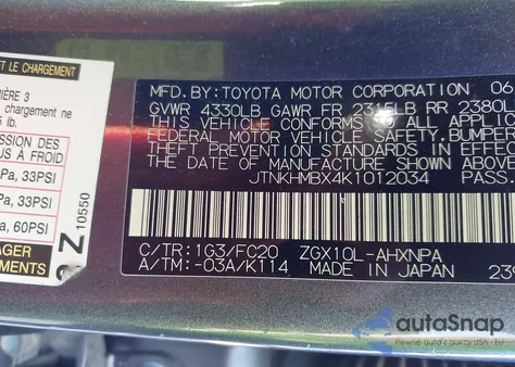 2019 Toyota C-Hr Le from USA, damaged, VIN JTNKHMBX4K1012034